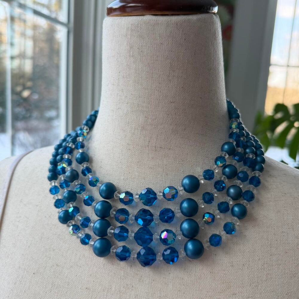 1950s Antique Blue Beaded Statement Necklac